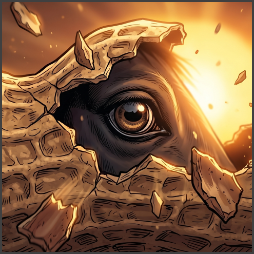 Horse eye peering through cracked peanut shell